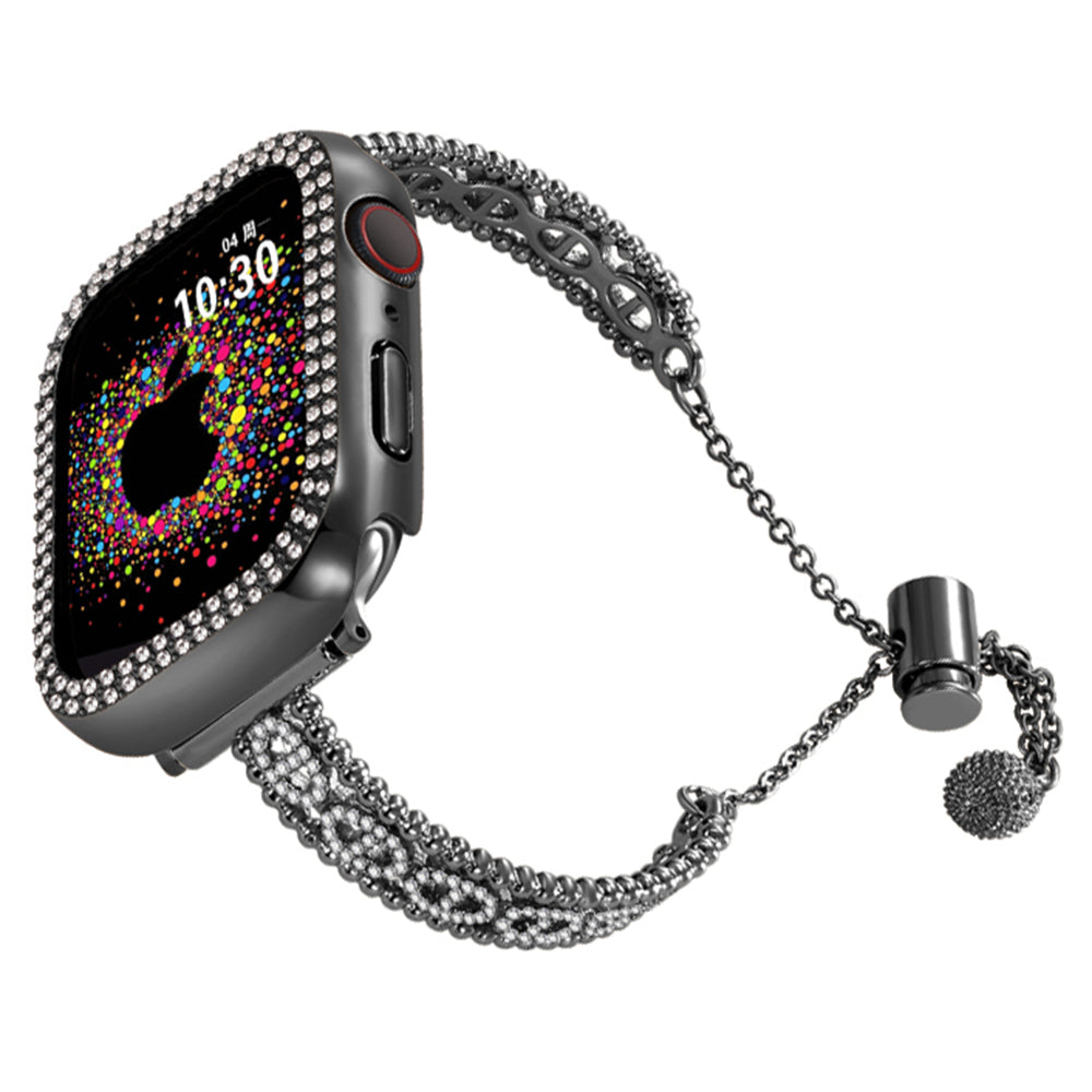 For Apple Watch Series 9 8 7 41mm / 6 5 4 SE (2022) SE (2023) SE 40mm / 3 2 1 38mm Rhinestone Copper Bracelet Strap - Black For Apple Watch Series 9 8 7 41mm / 6 5 4 SE (2022) SE (2023) SE 40mm / 3 2 1 38mm Rhinestone Copper Bracelet Strap - Black